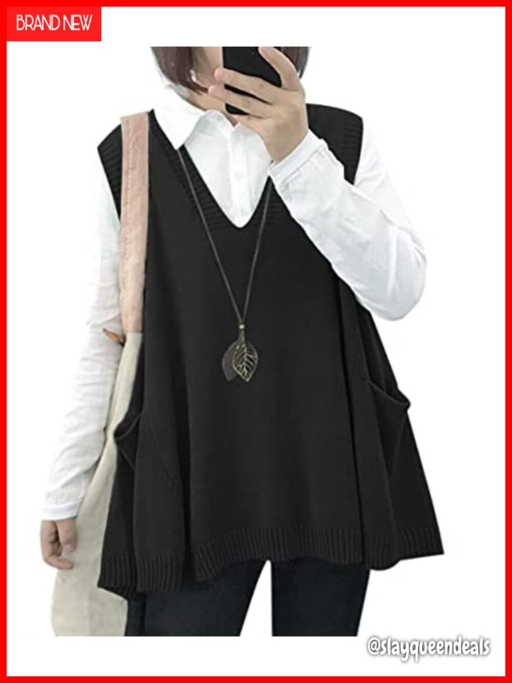 Loose Swing Cotton Oversized Knit Sweater Vest with Drop Pockets